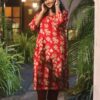 Red gorgette silk kurthi top and pant set - AKR01