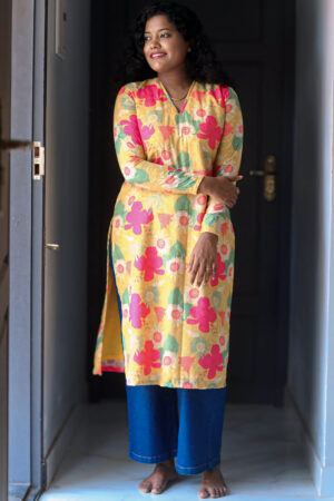 yellow hakoba floral printed full sleeve straight cut kurthi - AKH04