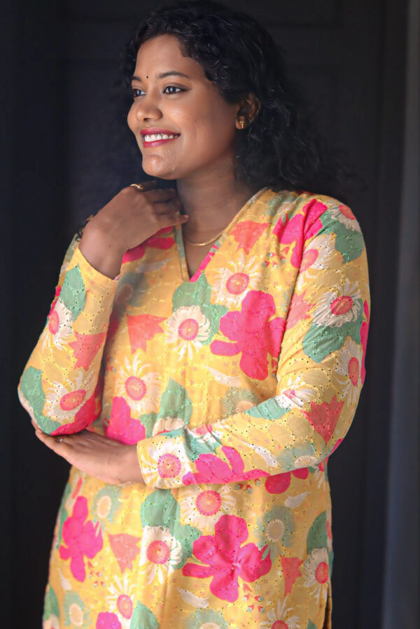 yellow hakoba floral printed full sleeve straight cut kurthi - AKH04