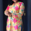yellow hakoba floral printed full sleeve straight cut kurthi - AKH04
