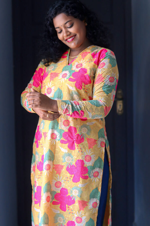 yellow hakoba floral printed full sleeve straight cut kurthi - AKH04